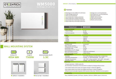 Greenrich 5kWh Lithium Battery 51.2V - 100ah WM5000 Wall Mount